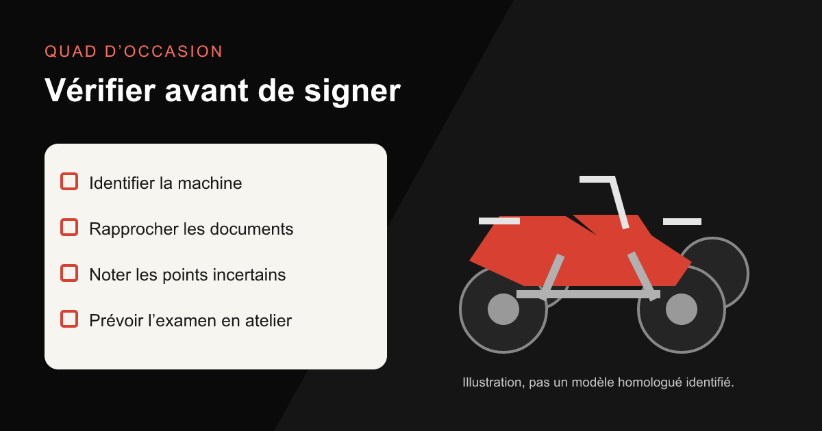 Checklist illustrée : identifier le quad, vérifier les documents et prévoir un examen professionnel.